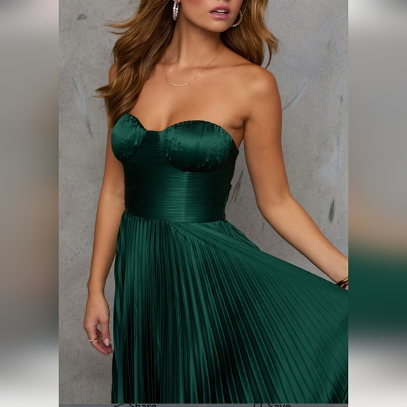 VICI Leanna Strapless Bustier Satin Pleated Maxi Midi Dress.Emerald Green.S NWOT - Picture 2 of 13